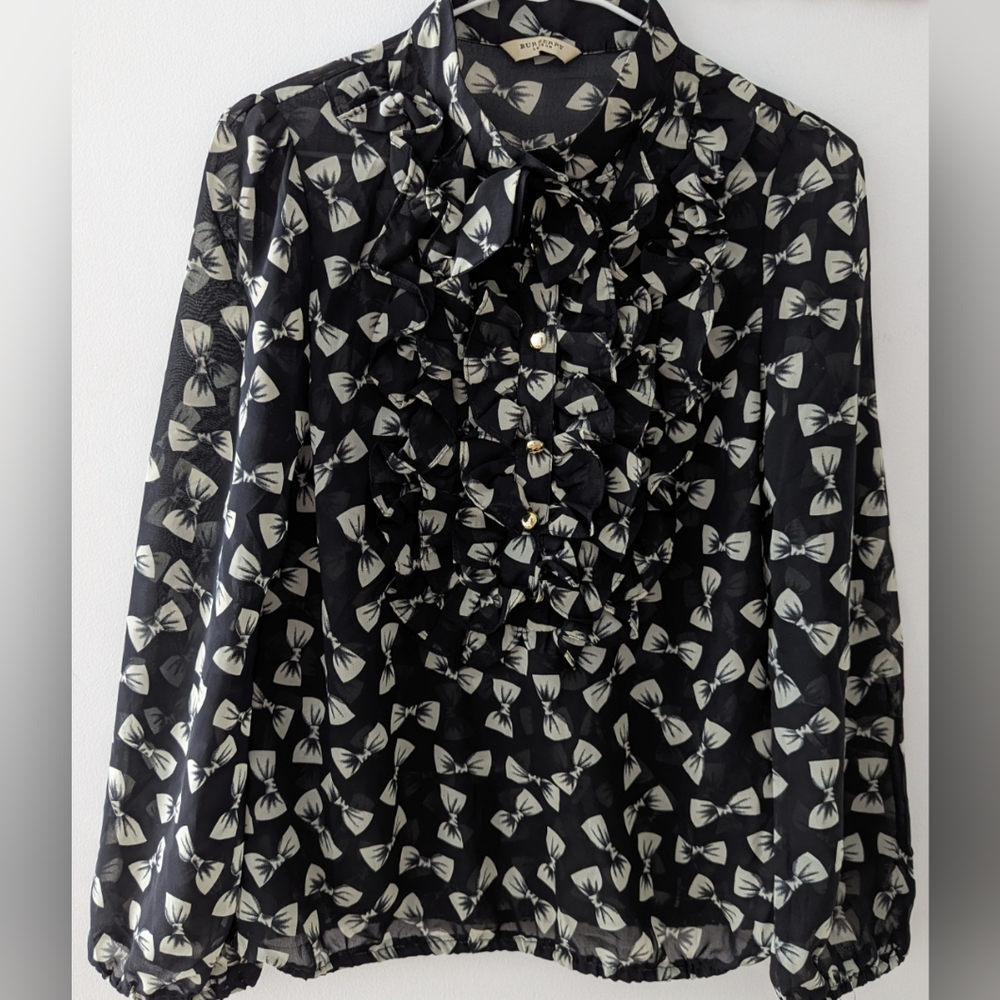 Burberry vintage chiffon bowtie black shirt XS
